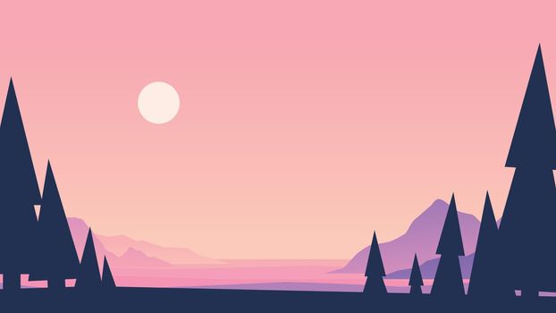 illustration of beautiful landscape in pink colors at sunset in simple layer design