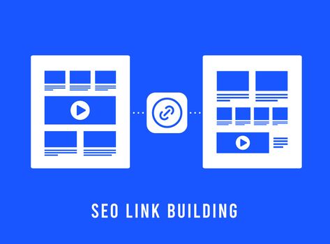 SEO Link Building concept. Search Engine Optimization Backlinks - digital marketing illustration with website page and external outreach seo links icons