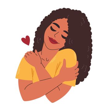 Love yourself. Black curly hair woman hugging herself with heart. Love your body concept. Vector illustration.