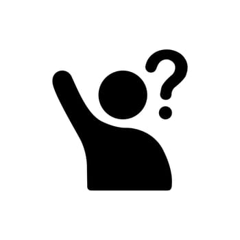 Simple icon with man or person with raised hand and a question mark.Uncertain person asking question icon isolated on white