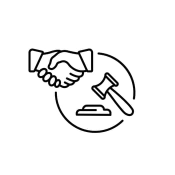 legal settlement icon, law agreement, litigation judgment concept, handshake with judge hammer, thin line symbol on white background - editable stroke vector illustration