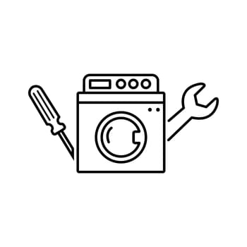 Washing machine repair service illustration in line style. Plumbing services, household appliances repair icon.
