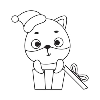 Coloring page cute little fox sitting in gift box. Coloring book for kids. Educational activity for preschool years kids and toddlers with cute animal. Vector stock illustration