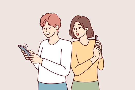 Curious woman looking at boyfriend phone spying on social media correspondence. Vector image