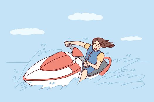 Happy woman with flowing hair rides jet ski on sea during summer trip to hot islands. Vector image