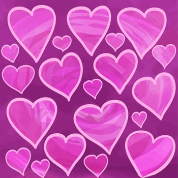 Vector pattern with watercolor painted pink hearts