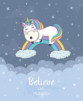 Card with cute kawaii unicorn with rainbow mane and horn in anime style