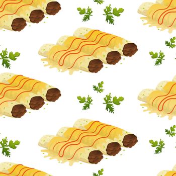 Seamless pattern with mexican food enchilada and parsley. Fast food restaurant and street food snacks, meat tortillas, takeaway food delivery