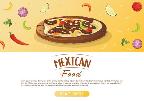 Website landing page template with mexican dish fajita fried meat with vegetables and cheese on a wooden tray. Fast food restaurant and street food snacks, meat tortillas, takeaway food delivery