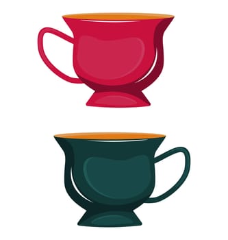 Ceramic cup pink and green. Dishes for tea drinking. Vector isolated illustration