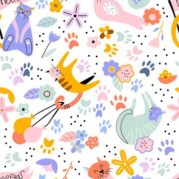 Playful cute cats with flowers and abstract decor hand drawn.