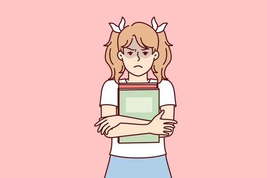 Schoolgirl with pigtails stands clutching books to chest and looking at camera. Vector image
