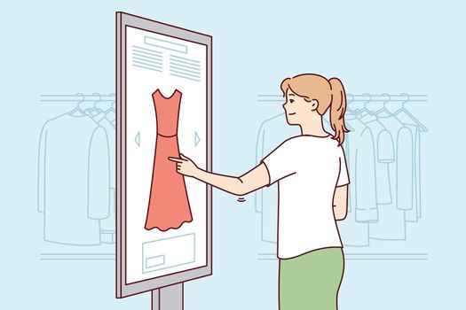 Clothing store customer woman use digital touch panel to select dress suitable style. Vector image