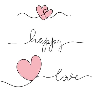 Drawing of a continuous line of hearts. Hand-drawn inscriptions of love and happiness. Fashionable minimalist illustration. Drawing in one line.