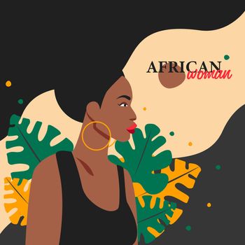 Beautiful modern fashion collage with abstract African woman portrait and leaves, vector flat illustration, lettering, minimalist postcard