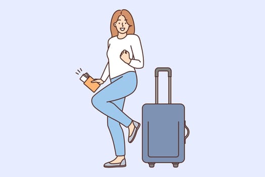 Overjoyed young woman with suitcase and passport excited about travel or adventure. Smiling girl with baggage happy with vacation or holiday. Vector illustration.