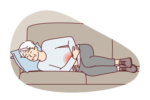 Elderly man lies on couch is experiencing pain in stomach and weakness after poisoning. Vector image