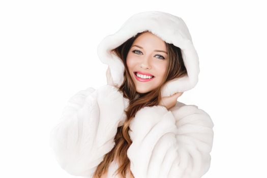 Winter fashion and beauty, beautiful woman in white fur coat