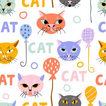 Funny hand drawn cat faces on white background with abstract decor.