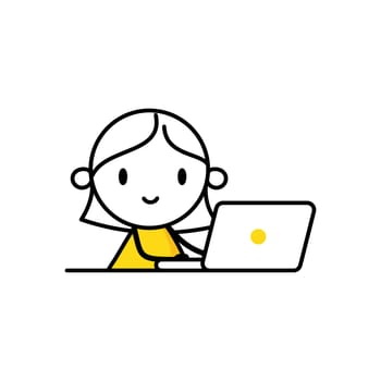 Happy smiling woman working with his laptop. Freelancer or office worker. Freelance or studying concept. Vector stock illustration