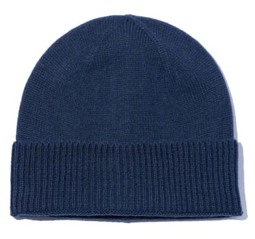 Blue knitted hat on a white isolated background