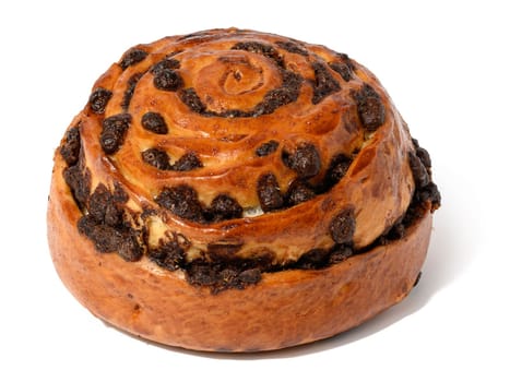 Round baked bun with chocolate on a white isolated background