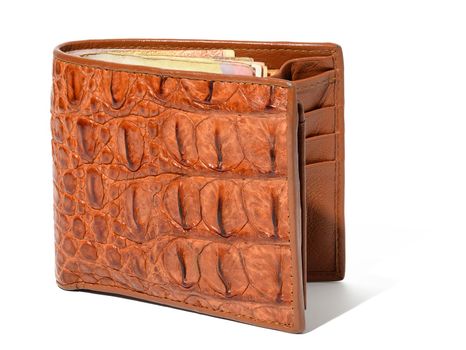 Brown crocodile leather wallet on a white isolated background