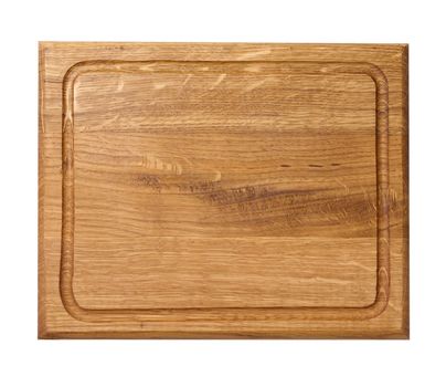 Empty rectangular wooden oak kitchen cutting board. White background