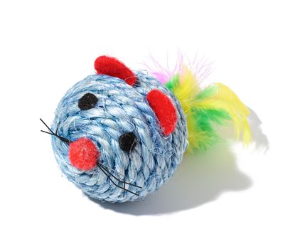 Round textile toy made of rope with feathers for animals on a white isolated background