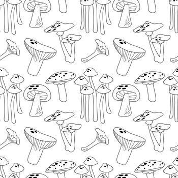 Seamless pattern with outline white mushrooms. Silhuette of mashroom on white background. Wallpaper and bed linen print. EPS