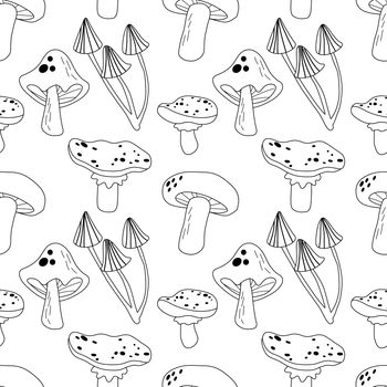 Seamless pattern with outline white mushrooms. Silhuette of mashroom on white background. Wallpaper and bed linen print.