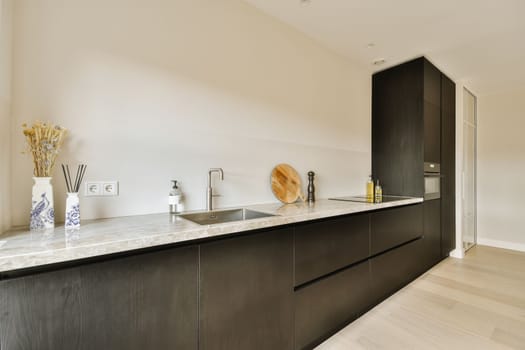 a kitchen with black cabinets and a stainless steel sink