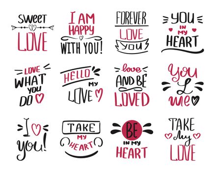 Bunch hand drawn quotes about love vector illustrations