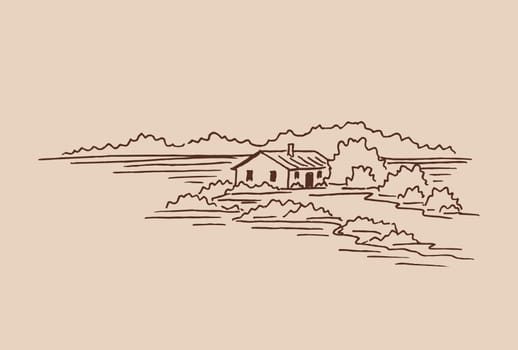 Landscape with country house. Hand drawn illustration converted to vector.