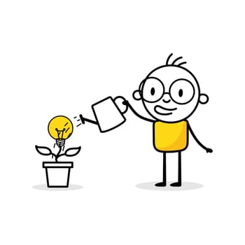 Man is watering a tree with lightbulb with a watering can. Boy gardener grows plant. Idea for eco future, environment, electricity concept. Vector stock illustration
