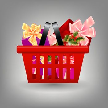 Shoping cart with Christmas gifts. Vector illustration