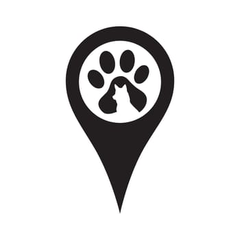 Location pin set. Pins indicating the location of a veterinary clinic, pet store, animal care center. Vector illustration in flat style