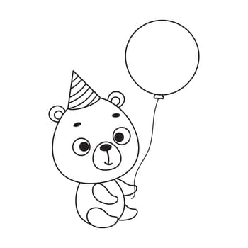 Coloring page cute little bear in birthday hat hold balloon. Coloring book for kids. Educational activity for preschool years kids and toddlers with cute animal. Vector stock illustration