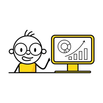 Man analyzes chart and graph data, working with data visualization on computer. Digital data analysis concept. Vector stock illustration