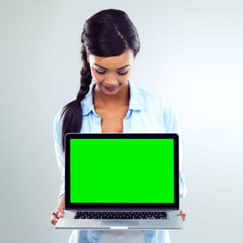 The perfect spot to advertise your webpage. a young woman presenting a laptop.