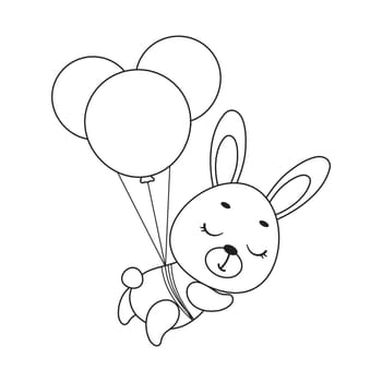 Coloring page cute little hare flying on balloons. Coloring book for kids. Educational activity for preschool years kids and toddlers with cute animal. Vector stock illustration