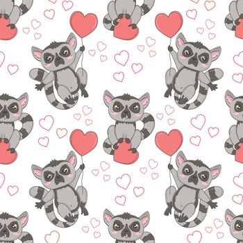 Seamless pattern with cute lemurs for Valentine's Day in cartoon style for kids, children's books and games, print.