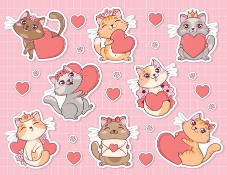 Bundle of stickers for notes and cards with kawaii cute valentine cats in different poses with hearts and flowers