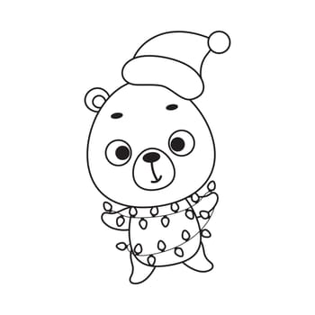 Coloring page cute Christmas bear with garland. Coloring book for kids. Educational activity for preschool years kids and toddlers with cute animal. Vector stock illustration