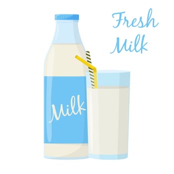 Bottle and glass of milk. Elements for design farm products, healthy food. Flat vector illustration.