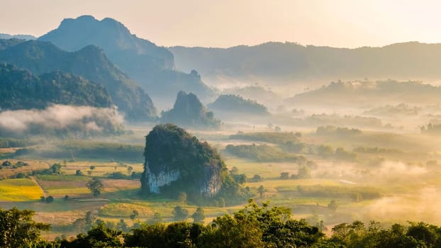 Sunrise with fog at Phu Langka in Northern Thailand, Mountain View of Phu Langka National Park