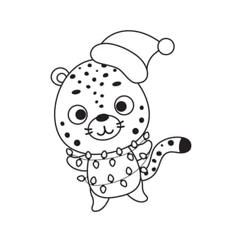 Coloring page cute Christmas cheetah with garland. Coloring book for kids. Educational activity for preschool years kids and toddlers with cute animal. Vector stock illustration