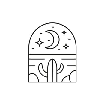 Hand drawn bohemian scene with cactus, crescent moon, stars.