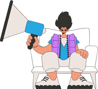 Stylish man sits in a chair and holds a megaphone. Suitable for use in communications or protest thematic projects.