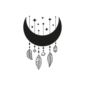Boho moon with feathers, crystal, planet and stars.